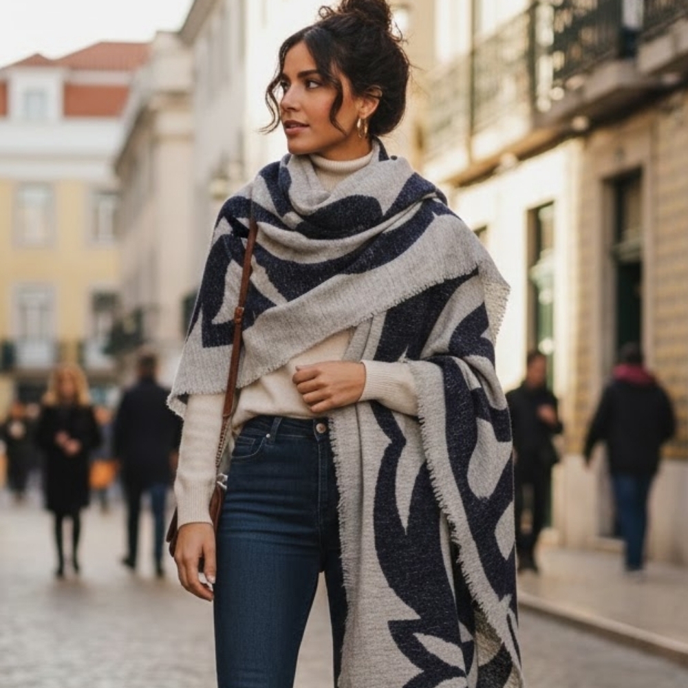Zara Blue And Grey Blanket Scarf 39" X 85"